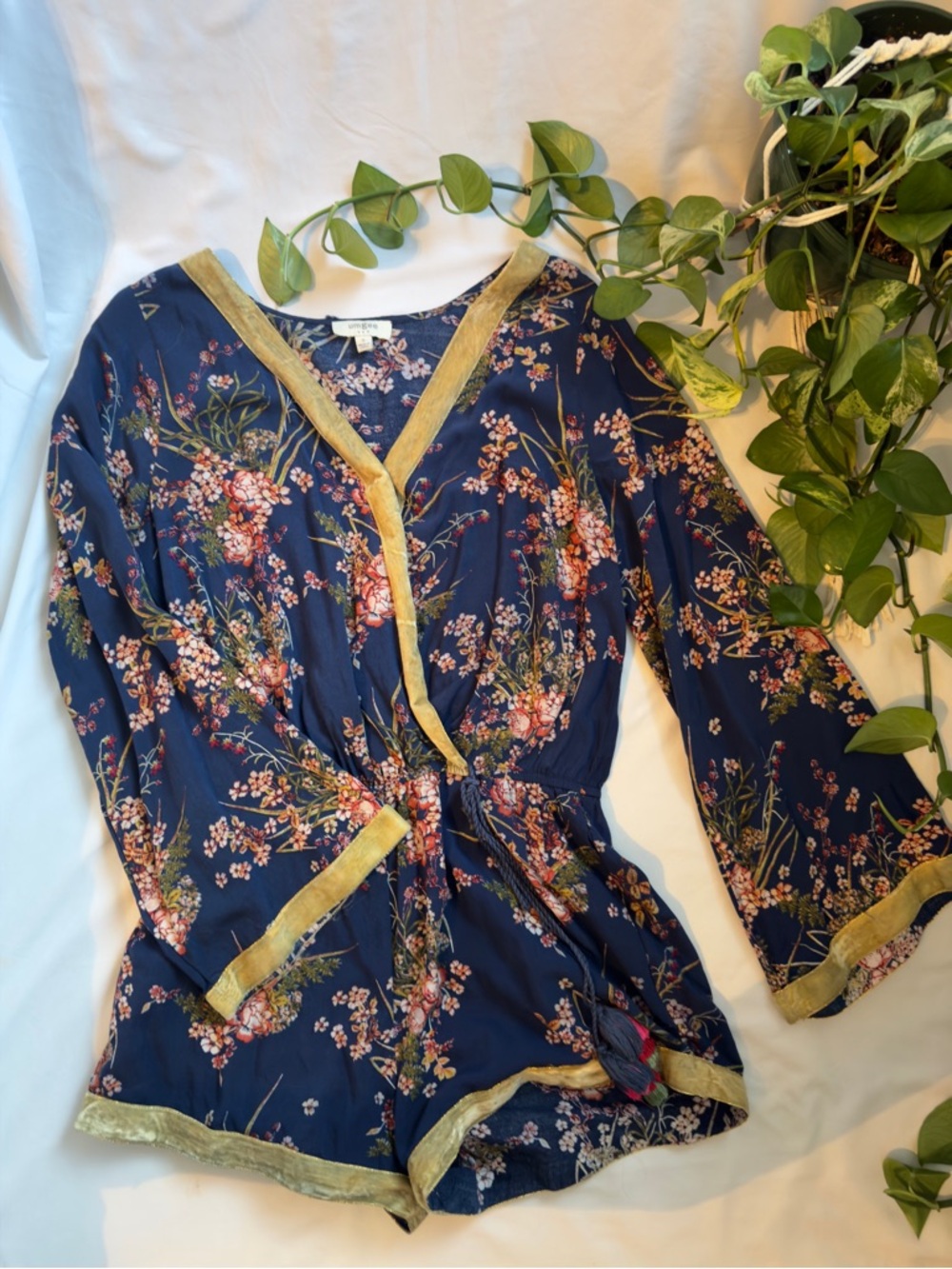 Umgee Navy Floral V-Neck Top with Gold Trim